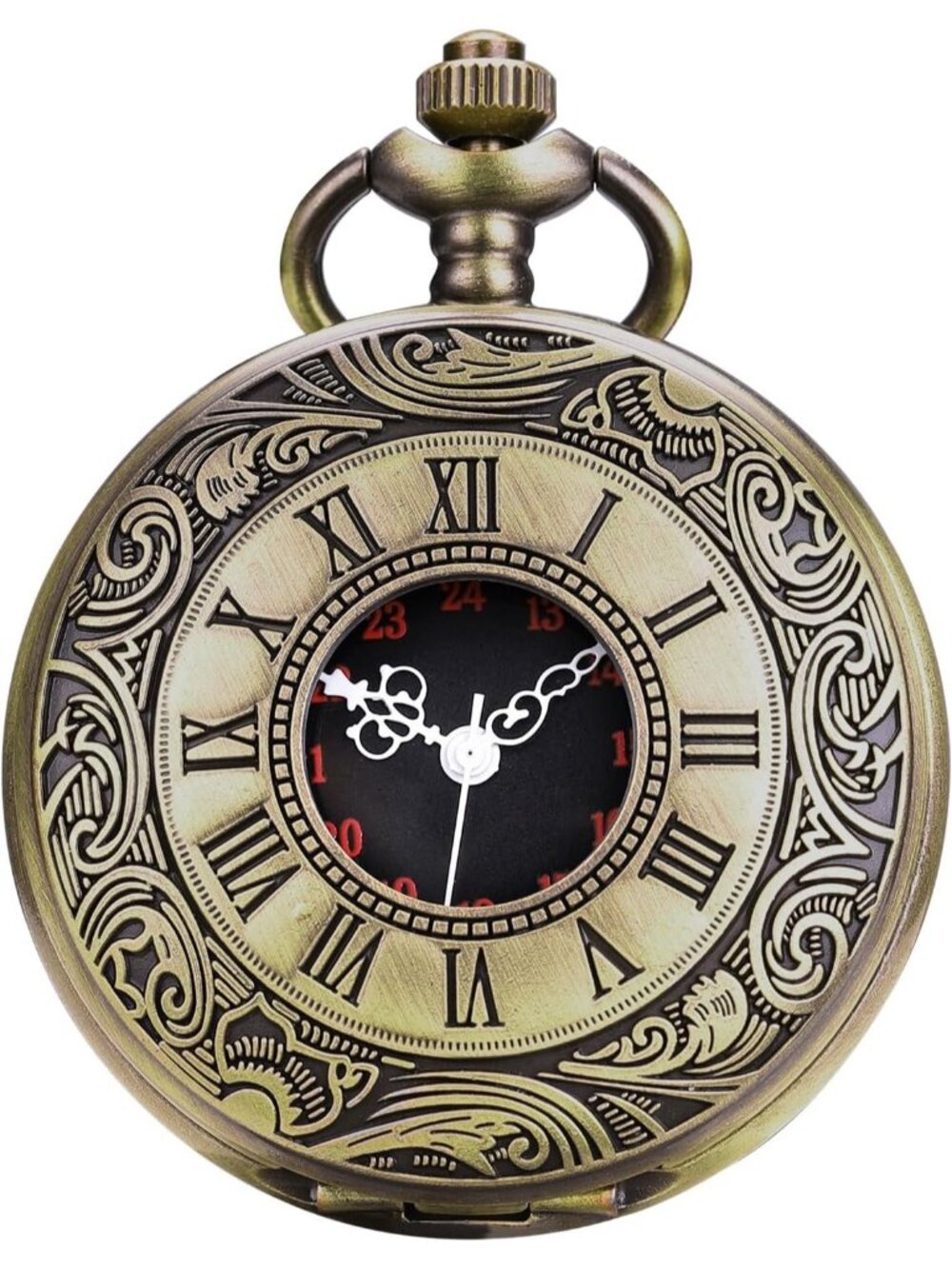Men Bronze Quartz Engraved Wave Pattern Arabic Numerals Round Chain Pocket Watch
